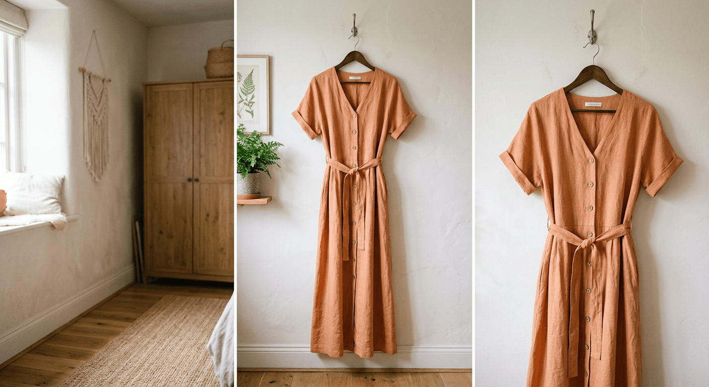 Linen dress on a hanger, before